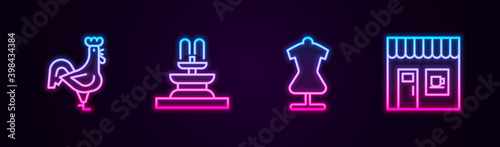 Set line French rooster, Fountain, Mannequin and Coffee shop. Glowing neon icon. Vector.