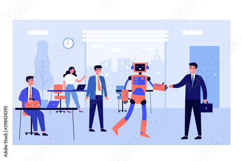New robotic employee. Humanoid robot shaking hands with businessman in office flat vector illustration. Technology, innovation, robotics concept for banner, website design or landing web page