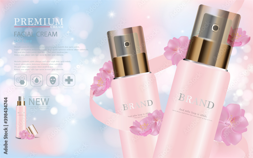 Hydrating facial cream for annual sale or festival sale. silver and gold cream mask bottle isolated on glitter particles background. Graceful cosmetic ads, illustration EPS10.