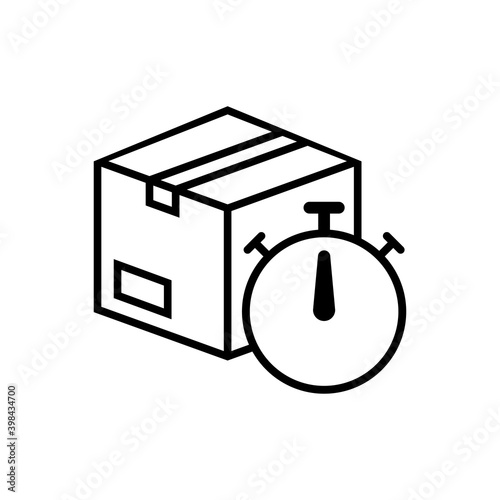 Logotipo entega rápida. Icono caja de cartón con cronómetro con lineas en color negro