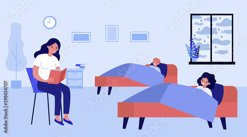 Mom reading bedtime story to kids. Fairytale, book, happy children lying in bed flat vector illustration. Motherhood and literature concept for banner, website design or landing web page
