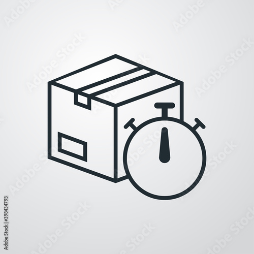Logotipo entega rápida. Icono caja de cartón con cronómetro con lineas en fondo gris