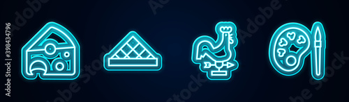 Set line Cheese, Louvre museum, Rooster weather vane and Paint brush with palette. Glowing neon icon. Vector.
