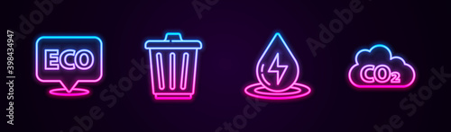 Set line Label for eco healthy food, Trash can, Water energy and CO2 emissions in cloud. Glowing neon icon. Vector.