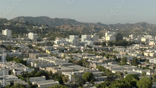 Hollywood Sunset City View and Hollywood Sign Aerial Shot L California USA