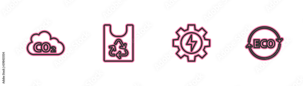 Set line CO2 emissions in cloud, Gear and lightning, Plastic bag with recycle and Label for eco healthy food icon. Vector. Set line CO2 emissions in cloud, Gear and lightning, Plastic bag with recycle and Label for eco healthy food icon. Vector.