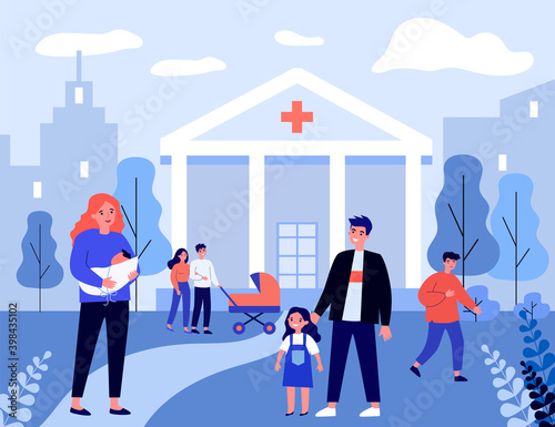 Girl and her dad visiting mom with baby in hospital. New mother, newborn kid, family flat vector illustration. Maternity clinic, medical help concept for banner, website design or landing web page