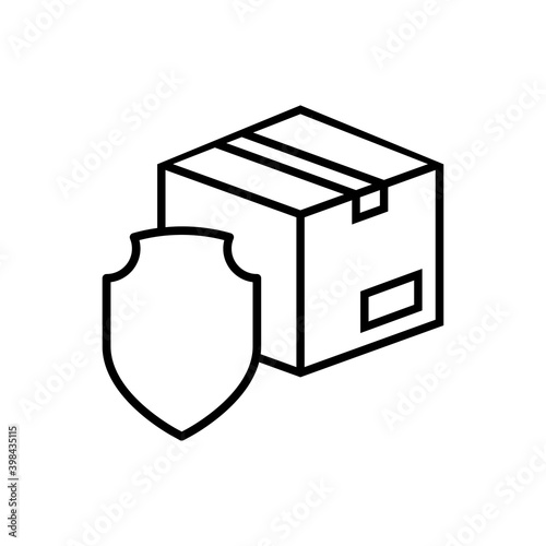 Logotipo entrega segura. Icono caja de cartón con escudo con lineas en color negro