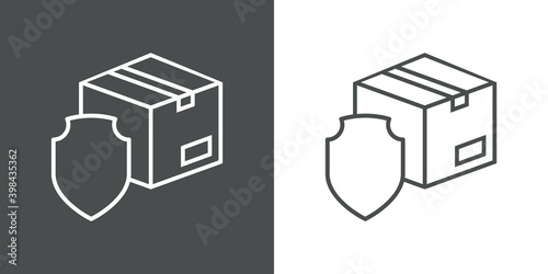Logotipo entrega segura. Icono caja de cartón con escudo con lineas en fondo gris y fondo blanco