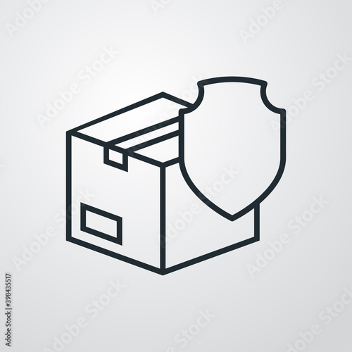 Logotipo entrega segura. Icono caja de cartón con escudo con lineas en fondo gris