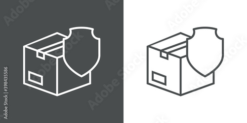 Logotipo entrega segura. Icono caja de cartón con escudo con lineas en fondo gris y fondo blanco