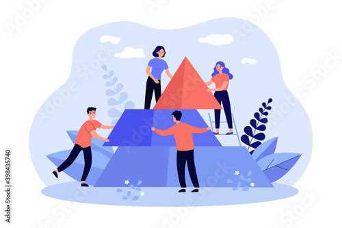 Team of people building pyramid, connecting puzzle elements together. Vector illustration for business, teamwork, challenge, partnership concept