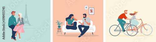 Collection of man and woman cartoons - romantic couple dating. Couples sitting at home or in a coffee shop walking Paris or riding bikes. Flat cartoon colorful vector illustrations