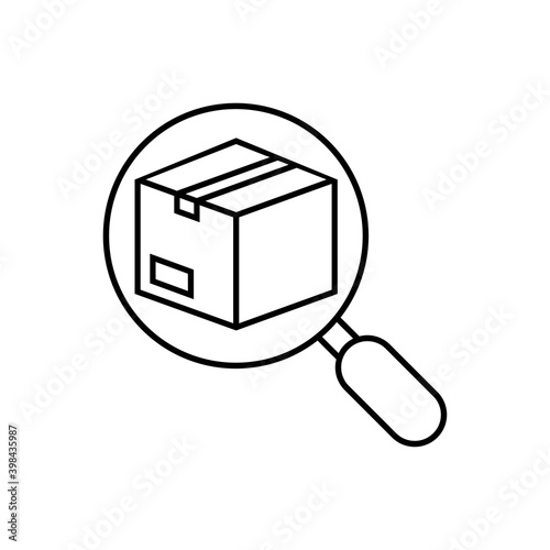 Logotipo seguimiento del envío. Icono caja de cartón con lupa con lineas en color negro