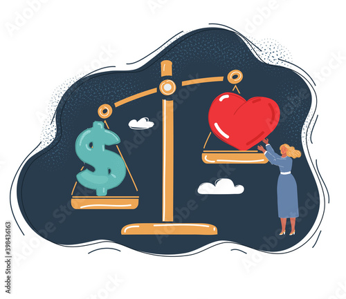 Vector illustration of woman in love. Charater hoosing between love and career on dark background. Bid scales, tiny people concept