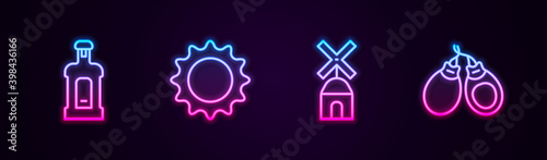 Set line Orujo, Sun, Windmill and Castanets. Glowing neon icon. Vector.