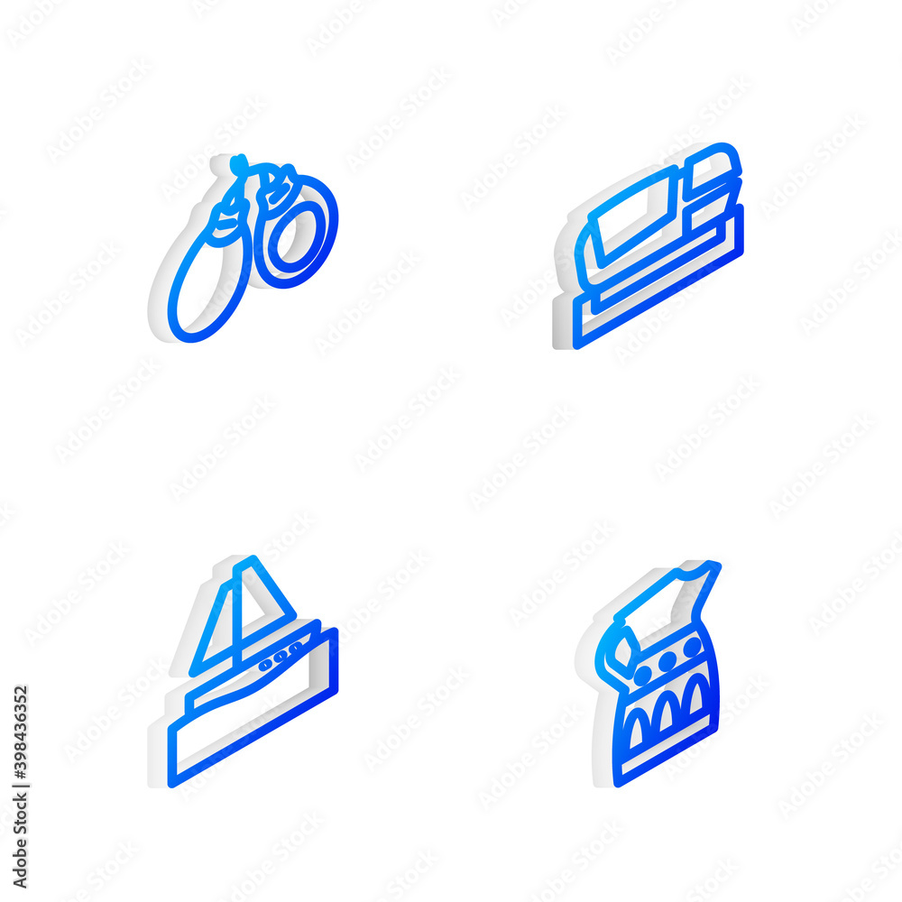 Set Isometric line Stadium Mestalla, Castanets, Yacht sailboat and Sangria pitcher icon. Vector. Set Isometric line Stadium Mestalla, Castanets, Yacht sailboat and Sangria pitcher icon. Vector.