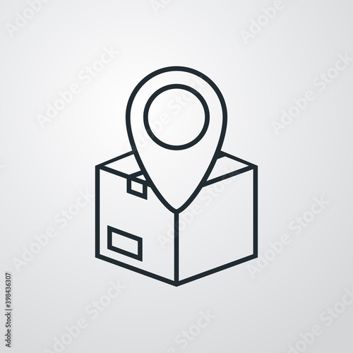 Logotipo seguimiento del envío. Icono caja de cartón con puntero de posición con lineas en fondo gris