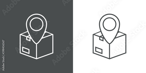 Logotipo seguimiento del envío. Icono caja de cartón con puntero de posición con lineas en fondo gris y fondo blanco