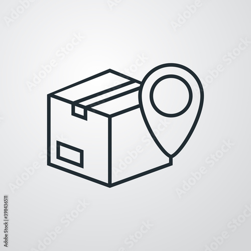 Logotipo seguimiento del envío. Icono caja de cartón con puntero de posición con lineas en fondo gris