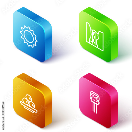 Set Isometric line Sun, Algar waterfall, Olives on plate and Peineta icon. Vector.
