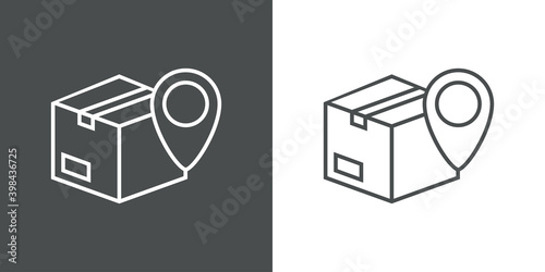 Logotipo seguimiento del envío. Icono caja de cartón con puntero de posición con lineas en fondo gris y fondo blanco