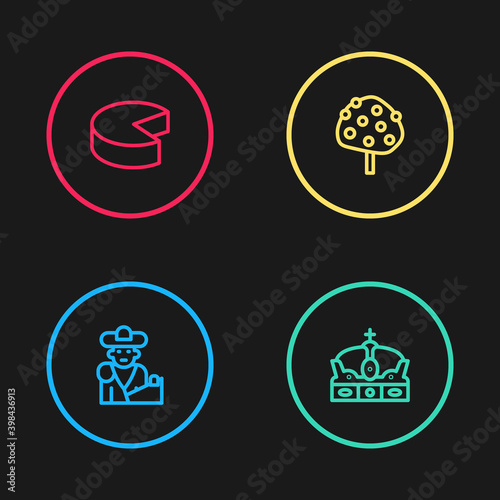 Set line Bullfight, matador, Crown of spain, Orange tree and Cheese icon. Vector.