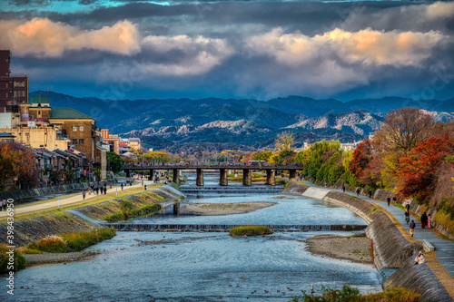 Kyoto's Kamogawa river seen in early evening looking north. Kyoyo, Japan