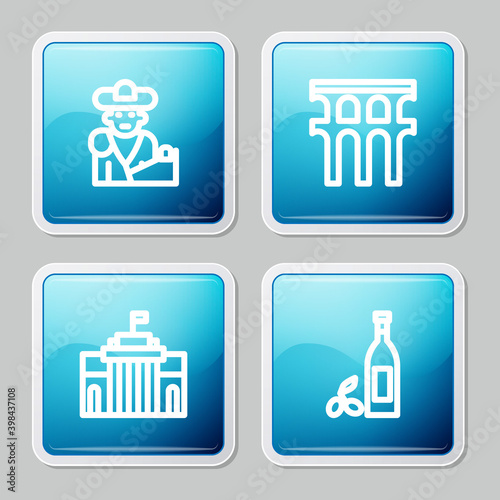 Set line Bullfight, matador, Aqueduct of Segovia, Prado museum and Bottle olive oil icon. Vector.