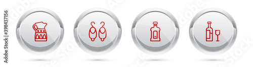 Set line Sangria pitcher, Earrings, Orujo and Wine bottle with glass. Silver circle button. Vector.