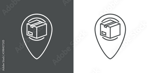 Logotipo seguimiento del envío. Icono caja de cartón con puntero de posición con lineas en fondo gris y fondo blanco