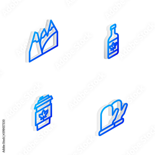 Set Isometric line Beer bottle, Mountains, Coffee cup to go and Christmas mitten icon. Vector.