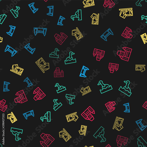 Set line Capilano Suspension Bridge, Flying duck, Royal Ontario museum and Chateau Frontenac hotel on seamless pattern. Vector.