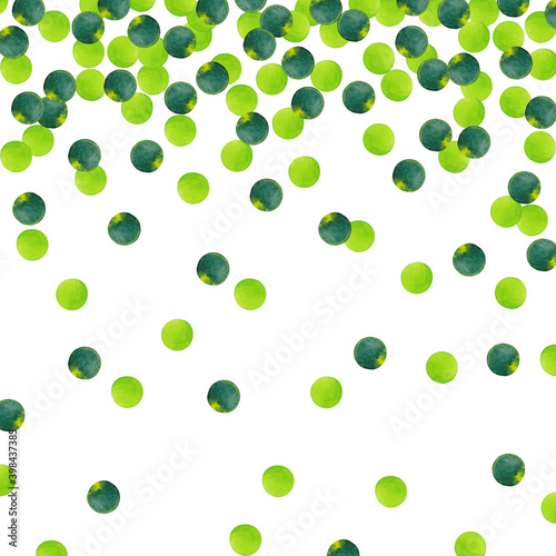 Falling pattern of two shades green paper confetti. Christmas, Birthday, Valentine, New Born party background for festive decor. Watercolor hand drawn isolated elements on white background.