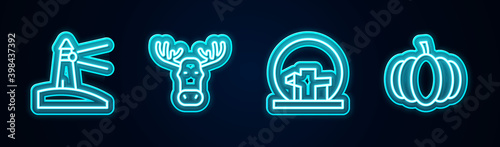 Set line Lighthouse, Moose head with horns, Montreal Biosphere and Pumpkin. Glowing neon icon. Vector.