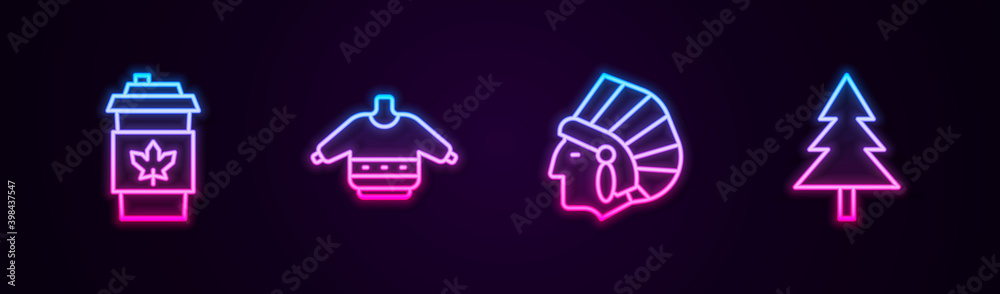 Set line Coffee cup to go, Christmas sweater, Native American Indian and tree. Glowing neon icon. Vector.
