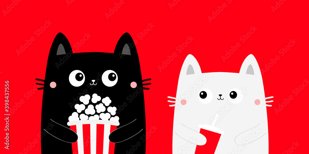 Cat set. Popcorn, fsoda glass. Cute cartoon funny character. Kittens  watching movie. Black White kitty. Cinema theater. Film show. Kids print  for notebook cover. Red background. Flat design Stock-vektor | Adobe Stock