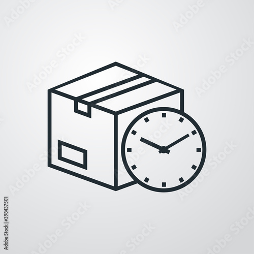 Logotipo entega rápida. Icono caja de cartón con reloj simple con lineas en fondo gris