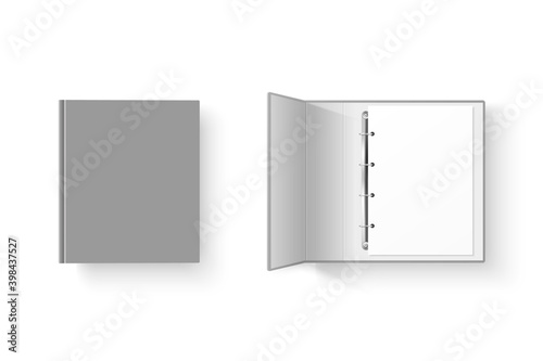 Vector 3d Closed and Opened Realistic Gray Blank, Empty Office Binder Set with Metal Rings for A4 Paper Sheet Closeup Isolated on White Background. Design Template, Mockup, Top View