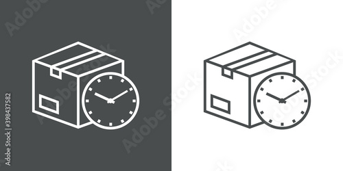 Logotipo entega rápida. Icono caja de cartón con reloj simple con lineas en fondo gris y fondo blanco