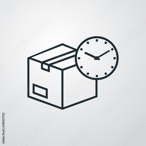 Logotipo entega rápida. Icono caja de cartón con reloj simple con lineas en fondo gris