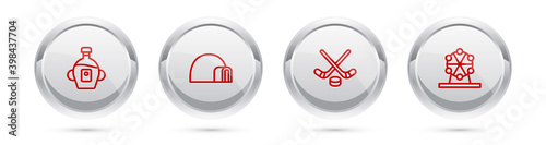 Set line Maple syrup, Igloo ice house, Ice hockey sticks and puck and Ferris wheel. Silver circle button. Vector.