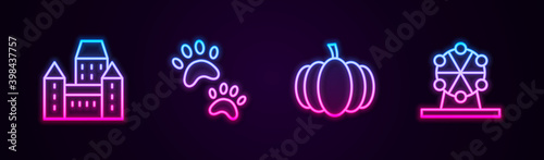 Set line Chateau Frontenac hotel, Paw print, Pumpkin and Ferris wheel. Glowing neon icon. Vector.