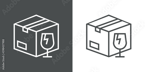 Manejar con cuidado. Logotipo envio frágil. Icono caja de cartón con copa de cristal rota con lineas en fondo gris y fondo blanco