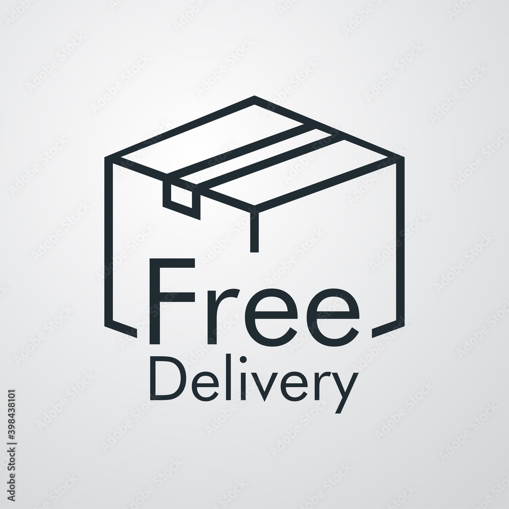 Logotipo envío gratis. Icono caja de cartón con texto Delivery Free con lineas en fondo gris