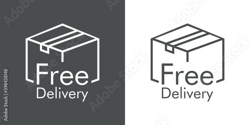 Logotipo envío gratis. Icono caja de cartón con texto Delivery Free con lineas en fondo gris y fondo blanco