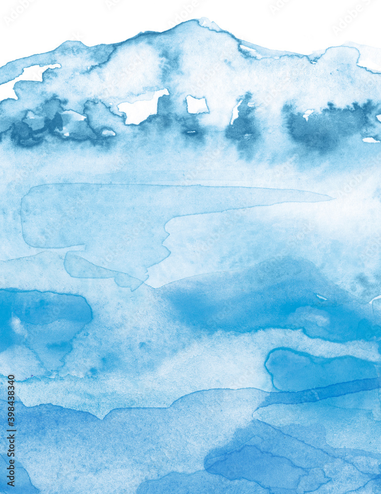 Obraz Watercolor mountains of blue paint, splash, smear, blot, abstraction. Seascape, mountain landscape, forest, coast, waves in the sea. Strokes of paint, lines, splash. Vertically line,background.