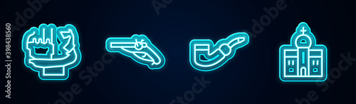 Set line Monument to founders of Kiev, Vintage pistols, Smoking pipe and Church building. Glowing neon icon. Vector.