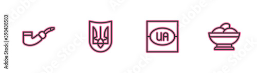 Set line Smoking pipe, Flag of Ukraine, Ukrainian trident and Varenyky bowl icon. Vector.