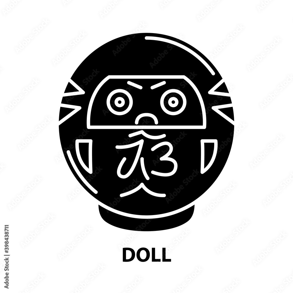 doll icon, black vector sign with editable strokes, concept illustration